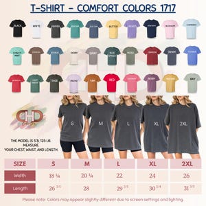 Puede incluir: Imagen que muestra camisetas Comfort Colors en varios colores, incluyendo negro, blanco y azul. Se muestran las tallas S, M, L, XL y 2XL, con medidas de ancho y largo en cent&iacute;metros. El texto dice "T-SHIRT - COMFORT COLORS 1717."