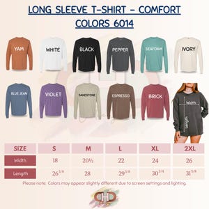 Puede incluir: Exhibici&oacute;n de camisetas de manga larga c&oacute;modas en varios colores: Yam, Blanco, Negro, Pimienta, Espuma de mar, Marfil, Azul Vaquero, Violeta, Arenisca, Espresso y Ladrillo. Tabla de tallas con medidas en cm.