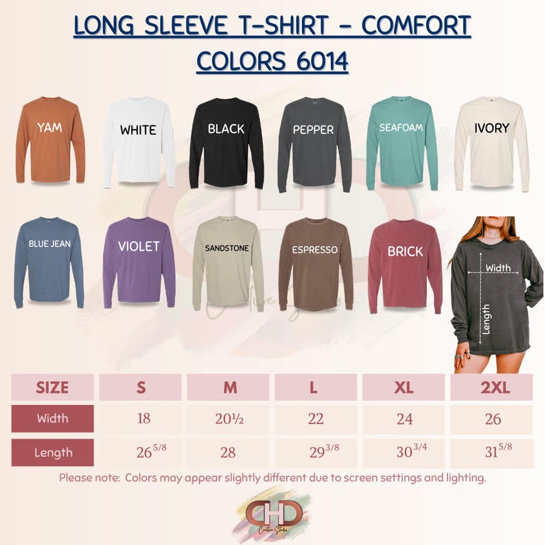 Puede incluir: Exhibici&oacute;n de camisetas de manga larga c&oacute;modas en varios colores: Yam, Blanco, Negro, Pimienta, Espuma de mar, Marfil, Azul Vaquero, Violeta, Arenisca, Espresso y Ladrillo. Tabla de tallas con medidas en cm.