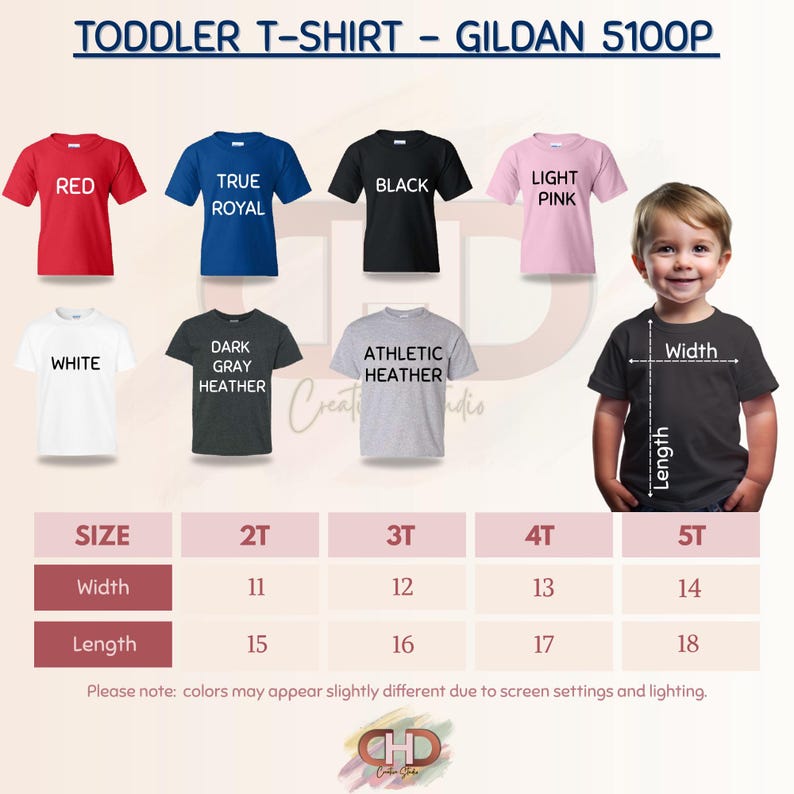 Puede incluir: Una selecci&oacute;n de camisetas para ni&ntilde;os peque&ntilde;os en varios colores, incluyendo rojo, azul, negro y rosa. La imagen tambi&eacute;n muestra una tabla de tallas con medidas de ancho y largo en cm para las tallas 2T a 5T.