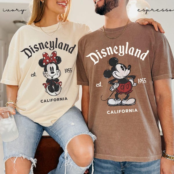 Maglietta coordinata per coppia Disneyland Retro Minnie Topolino, maglietta Disneyland Est. 1955 California Family Trip, vacanza Disney marito moglie