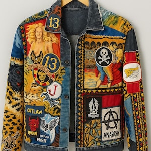Jaqueta jeans patchwork feita à mão | Jaqueta jeans vintage com estampa punk streetwear