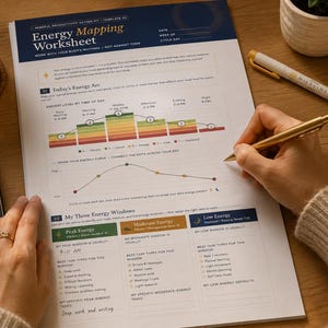 May include: An "Energy Mapping Worksheet" is on a wooden desk, with a cup of tea, a notebook, and a pen. The worksheet has a graph and sections for tracking energy levels. A person is using a gold pen to fill out the worksheet.