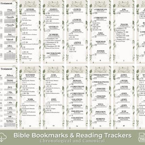 Puede incluir: Un conjunto de marcadores de libros y rastreadores de lectura de la Biblia con un diseño floral verde y blanco. Los marcadores están organizados por libro y capítulo, con el Antiguo y el Nuevo Testamento enumerados. El texto "Bible Bookmarks & Reading Trackers" está en la parte inferior.