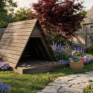 May include: A wooden A-frame dog house with a slatted design, situated in a garden. The scene includes lavender and other flowering plants, and a small basket of gardening tools. A stone pathway leads to the house, set in a garden.