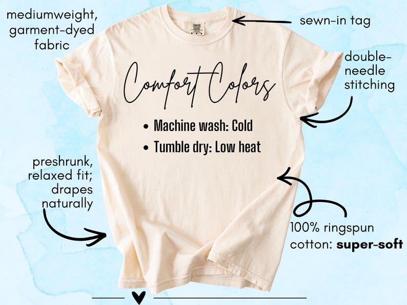 May include: A cream-colored short-sleeve t-shirt with text reading Comfort Colors, Machine wash: Cold, and Tumble dry: Low heat. Annotations highlight features including mediumweight garment-dyed fabric, a sewn-in tag, double-needle stitching, preshrunk relaxed fit, and 100% ringspun cotton.