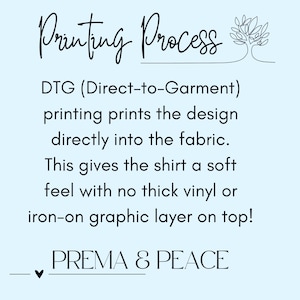 May include: An informational graphic on a light blue background with black text titled Printing Process. It explains that DTG (Direct-to-Garment) printing applies designs directly into fabric for a soft feel without thick vinyl layers. Prema & Peace is at the bottom.