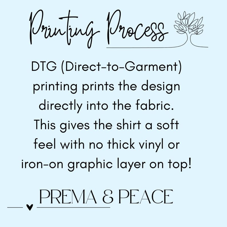May include: An informational graphic on a light blue background with black text titled Printing Process. It explains that DTG (Direct-to-Garment) printing applies designs directly into fabric for a soft feel without thick vinyl layers. Prema & Peace is at the bottom.