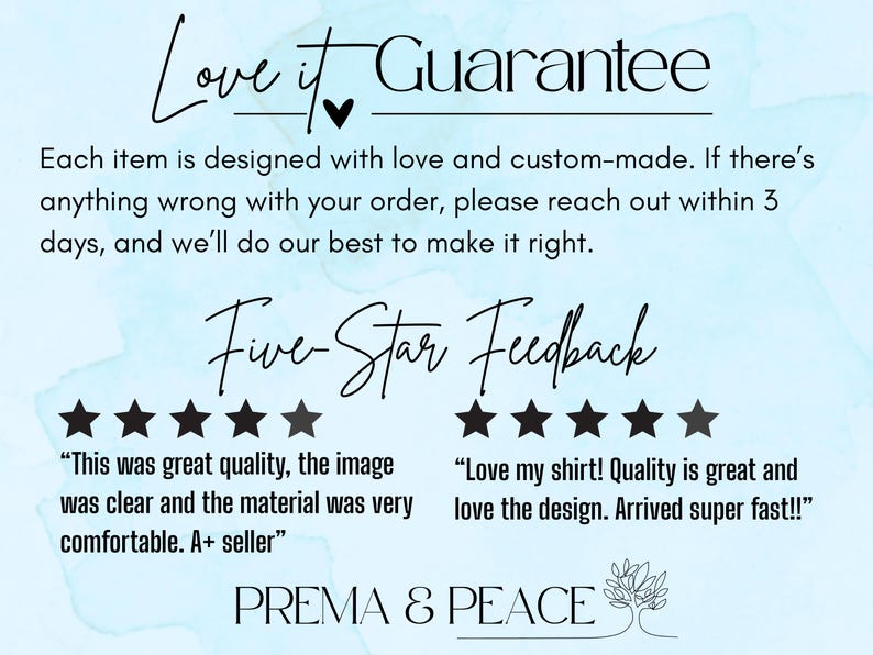 May include: A light blue informational graphic with black text reading Love it Guarantee, Five-Star Feedback, and two sets of five black stars. It includes customer testimonials about shirt quality and comfort, ending with the brand name PREMA & PEACE.