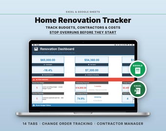 Home Renovation Planner Spreadsheet | Remodel Cost & Contractor Manager | Google Sheets Excel Template