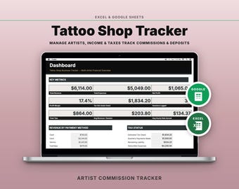 Tattoo Shop Tracker Spreadsheet | Multi-Artist Commission, Tax Planner (Google Sheets Excel)
