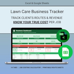 Lawn Care Business Tracker | Job Costing, Clients, Routes (Google Sheets, Excel)