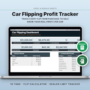 May include: A laptop displays a "Car Flipping Profit Tracker" dashboard. The screen shows financial data, including capital deployed, profit, and expenses. The text "Excel & Google Sheets" and "Track Every Flip From Purchase to Sale" are also visible.