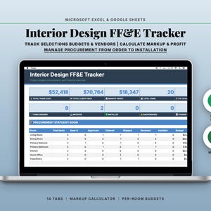 Interior Design FF&E Tracker | Budget Markup Vendor + Procurement Spreadsheet | Google Sheets Excel