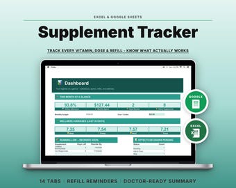 Supplement Tracker Spreadsheet | Google Sheets Excel | Vitamin Medication Log, Refill Reminders, Cost & Adherence Dashboard