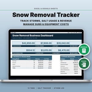 Puede incluir: Una computadora portátil muestra un panel de control "Snow Removal Tracker", que presenta datos financieros. La pantalla resalta los ingresos, los gastos y los márgenes de beneficio. El texto incluye "Track Storms, Salt Usage & Revenue".