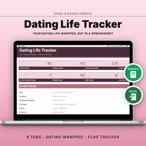 Könnte beinhalten: Ein Laptop zeigt eine "Dating Life Tracker"-Tabelle mit Datenfeldern für Gesamtdaten, Bewertungen und Verbindungen. Der Bildschirm hat ein rosa-burgunderfarbenes Farbschema mit Excel- und Google Sheets-Symbolen. Der Text unten lautet "8 Tabs | Dating Wrapped | Flag Tracker."