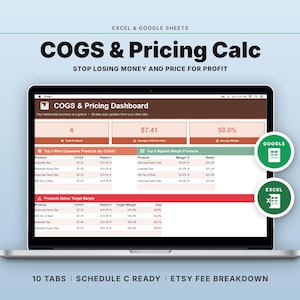 Puede incluir: Una pantalla de portátil muestra una hoja de cálculo titulada "COGS & Pricing Calc". La pantalla muestra tablas de datos con encabezados como "COGS" y "Retail". El texto "STOP LOSING MONEY AND PRICE FOR PROFIT" está encima de la pantalla. La imagen incluye iconos de "GOOGLE" y "EXCEL".