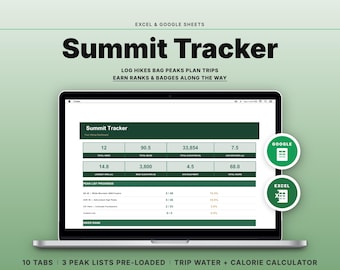 Hiking Log & Peak Bagging Tracker Spreadsheet | Trip Planner Water Calculator | Google Sheets Excel