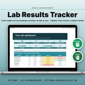 May include: A digital Lab Results Tracker for Excel and Google Sheets displayed on a laptop screen. The dashboard features a lab results table with columns for markers, latest values, optimal and normal ranges, status, and trends, plus summary metrics.