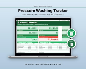 Pressure Washing Business Tracker | Job Pricing, Expense, Profit Spreadsheet (Google Sheets, Excel)