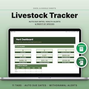 May include: A laptop screen displaying a digital livestock tracker spreadsheet for Excel and Google Sheets. The interface features a Herd Dashboard with data tables, financial summaries, and species tracking, highlighted by green and white colour schemes.