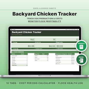 Puede incluir: Una computadora portátil muestra una hoja de cálculo "Backyard Chicken Tracker", que rastrea la producción y los costos de los huevos. La pantalla muestra datos sobre el conteo de huevos, los costos y la salud del rebaño. El texto incluye "Excel & Google Sheets".