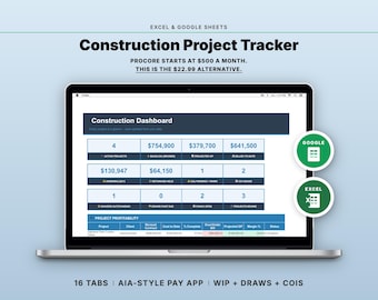 Construction Project Tracker | WIP Schedule, Change Orders, AIA Pay App & Draws | Excel Google Sheets