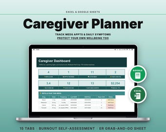 Caregiver Planner Spreadsheet | Medication Refill Tracker Symptom Log Burnout Self-Assessment | Google Sheets Excel Template