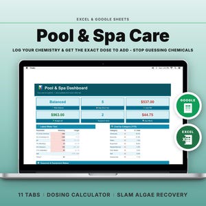 Pool Spa Maintenance Checklist, Chemistry Log, Dosing Calculator (Google Sheets Excel)
