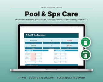 Pool Spa Maintenance Checklist, Chemistry Log, Dosing Calculator (Google Sheets Excel)