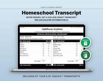 Homeschool Transcript Template | Google Sheets, Excel | Auto GPA Calculator