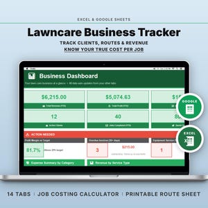 May include: A laptop displays a "Lawncare Business Tracker" dashboard. The screen shows financial data, including revenue and profit margins. The text "Excel & Google Sheets" and "Track Clients, Routes & Revenue" are visible. The design includes green and white elements.