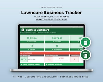 Lawn Care Business Tracker | Job Costing, Clients, Routes (Google Sheets, Excel)