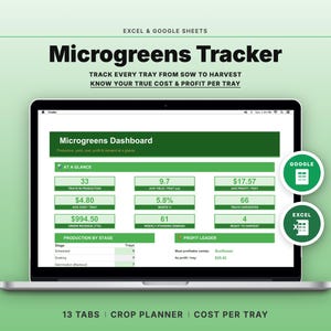 May include: A laptop screen displaying a Microgreens Tracker dashboard for Excel and Google Sheets. The interface features green headers, data tables for production stages, profit metrics, and tray counts. Two circular icons indicate Google and Excel.