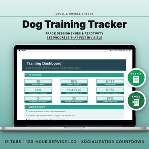 May include: A laptop screen displaying a Dog Training Tracker spreadsheet for Excel and Google Sheets. The dashboard shows metrics like sessions logged, success percentage, cues mastered, service hours, and reactive distance with green accents.