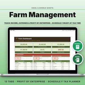 Puede incluir: Una plantilla de hoja de cálculo digital para la gestión agrícola en Excel y Google Sheets mostrada en una pantalla de portátil. El panel incluye datos financieros, herramientas de planificación fiscal y 13 pestañas de seguimiento.