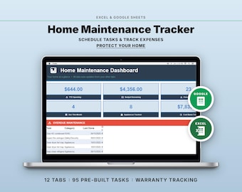 Home Maintenance Tracker Spreadsheet | Schedule & Expense Log | Google Sheets Excel Homeowner Template