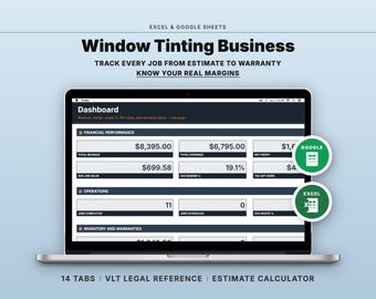 Window Tinting Business Tracker Spreadsheet | Film Inventory Job Pricing VLT Limits | Google Sheets Excel