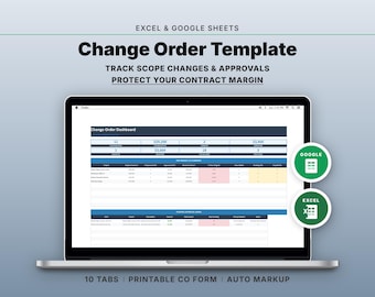 Construction Change Order Template | Google Sheets Excel | Contractor CO Form, Project Tracker & Log Spreadsheet