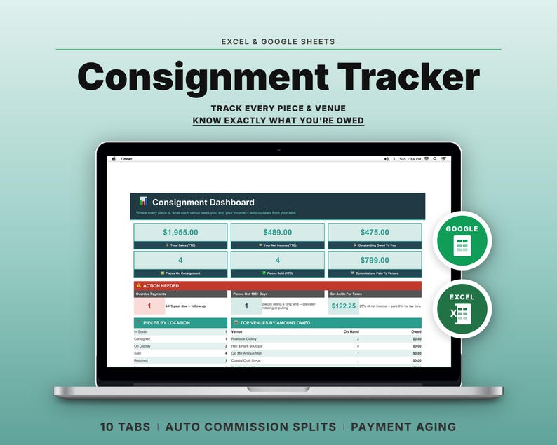 Consignment Tracker Spreadsheet | Google Sheets, Excel | Artist Sales Commission Template image 1