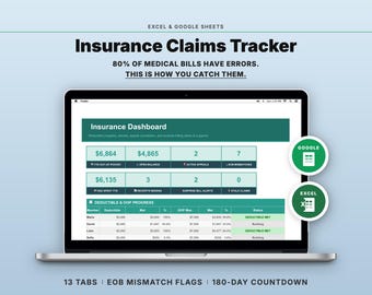 Insurance Claims Tracker | Medical Bills, EOB Reconciliation & Appeal Deadlines | Excel Google Sheets
