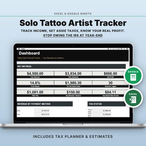May include: A laptop displays a financial dashboard titled "Solo Tattoo Artist Tracker." The screen shows key metrics, revenue, and tax status. The text includes "Track Income, Set Aside Taxes, Know Your Real Profit." Includes tax planner & estimates.
