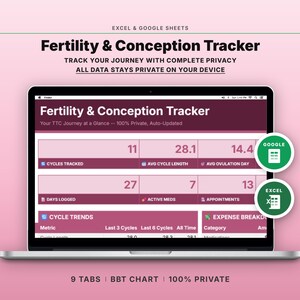 Puede incluir: Una pantalla de portátil que muestra una hoja de cálculo "Fertility & Conception Tracker". La hoja de cálculo muestra campos de datos para los ciclos rastreados, la duración del ciclo, el día de la ovulación, los días registrados, los medicamentos activos y las citas. El texto "9 TABS | BBT CHART | 100% PRIVATE" es visible.