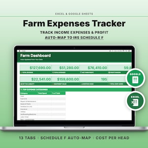May include: A laptop screen shows a farm expenses tracker spreadsheet. The title reads "Farm Expenses Tracker" with the text "Track Income Expenses & Profit" and "Auto-Map to IRS Schedule F." The spreadsheet displays financial data, with Google and Excel icons.