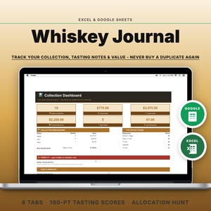 Könnte beinhalten: Ein digitales Whiskey-Journal als Tabellenkalkulation für Excel und Google Sheets auf einem Laptop-Bildschirm. Die Benutzeroberfläche zeigt ein Sammlungs-Dashboard mit Datenfeldern zur Nachverfolgung von Whiskey-Beständen und Verkostungsnotizen.