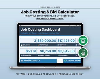 Job Costing & Bid Calculator for Contractors | Overhead Markup Profit Tracker | Google Sheets Excel