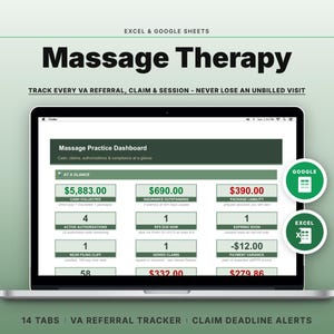 May include: A laptop screen displaying an Excel and Google Sheets Massage Therapy dashboard. The interface features a Massage Practice Dashboard with financial data, including cash collected, insurance outstanding, and claim deadline alerts.