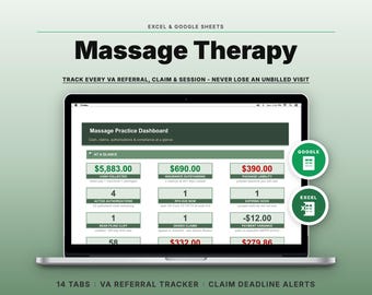 Massage Therapy Business Spreadsheet | VA Referral & Insurance Claim Tracker | LMT Bookkeeping | Google Sheets Excel