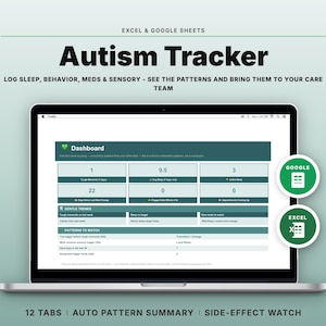 Puede incluir: Una hoja de cálculo digital de seguimiento de autismo para Excel y Google Sheets mostrada en una pantalla de portátil. El panel incluye campos de datos para el sueño, el comportamiento, la medicación y los patrones sensoriales.
